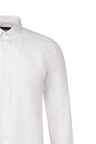 Bej Slim Fit Uzun Kol Düğmeli Yaka Pamuklu Flanel Gömlek - 3