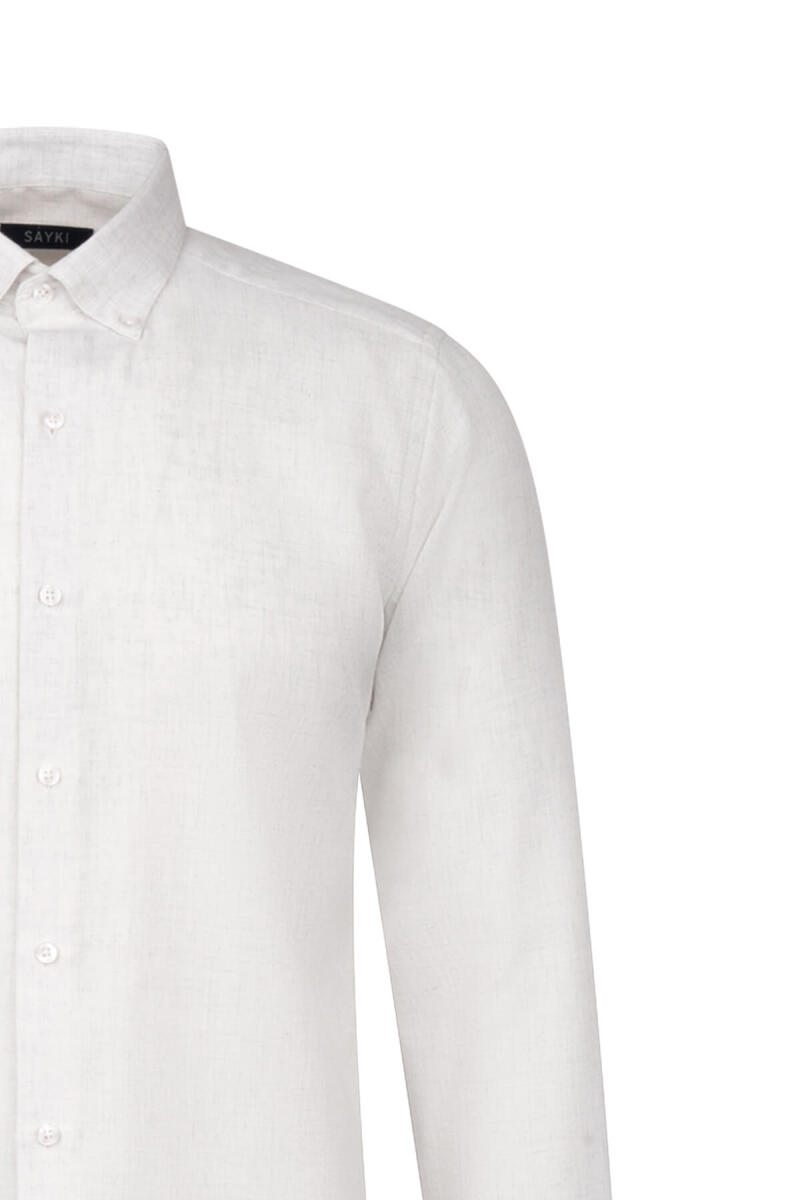Bej Slim Fit Uzun Kol Düğmeli Yaka Pamuklu Flanel Gömlek - Hatem Saykı (1)