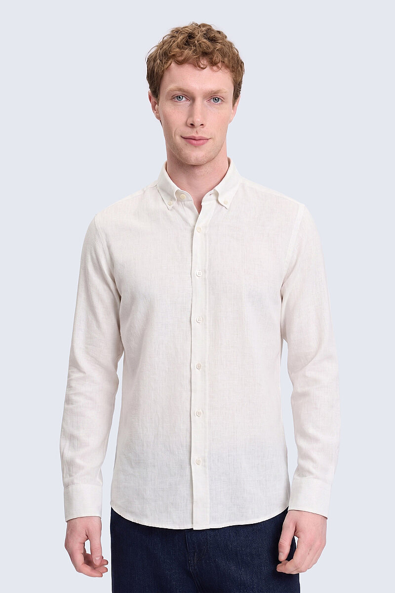 Bej Slim Fit Uzun Kol Düğmeli Yaka Pamuklu Flanel Gömlek