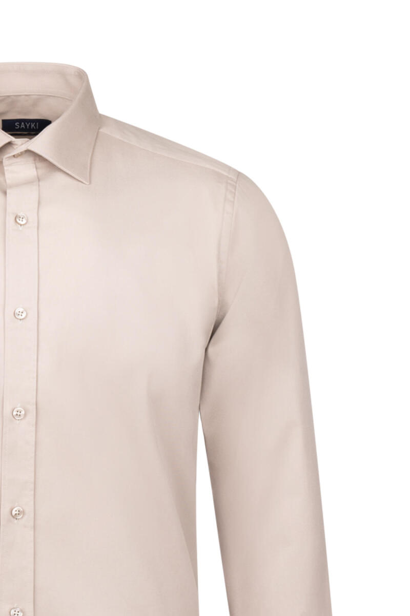 Bej Slim Fit Uzun Kollu 100% Pamuk Casual Flanel Gömlek - Hatem Saykı (1)