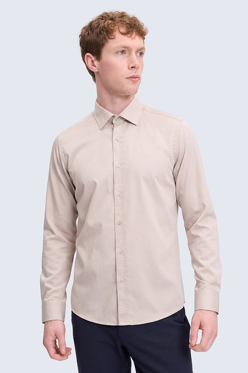 Bej Slim Fit Uzun Kollu 100% Pamuk Casual Flanel Gömlek