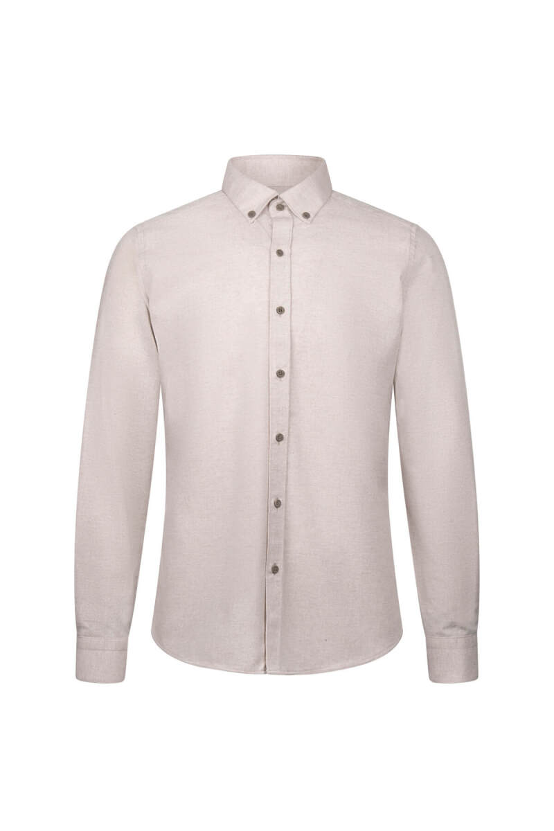 Bej Slim Fit Uzun Kollu Düğmeli Yaka Pamuklu Gömlek - HTML