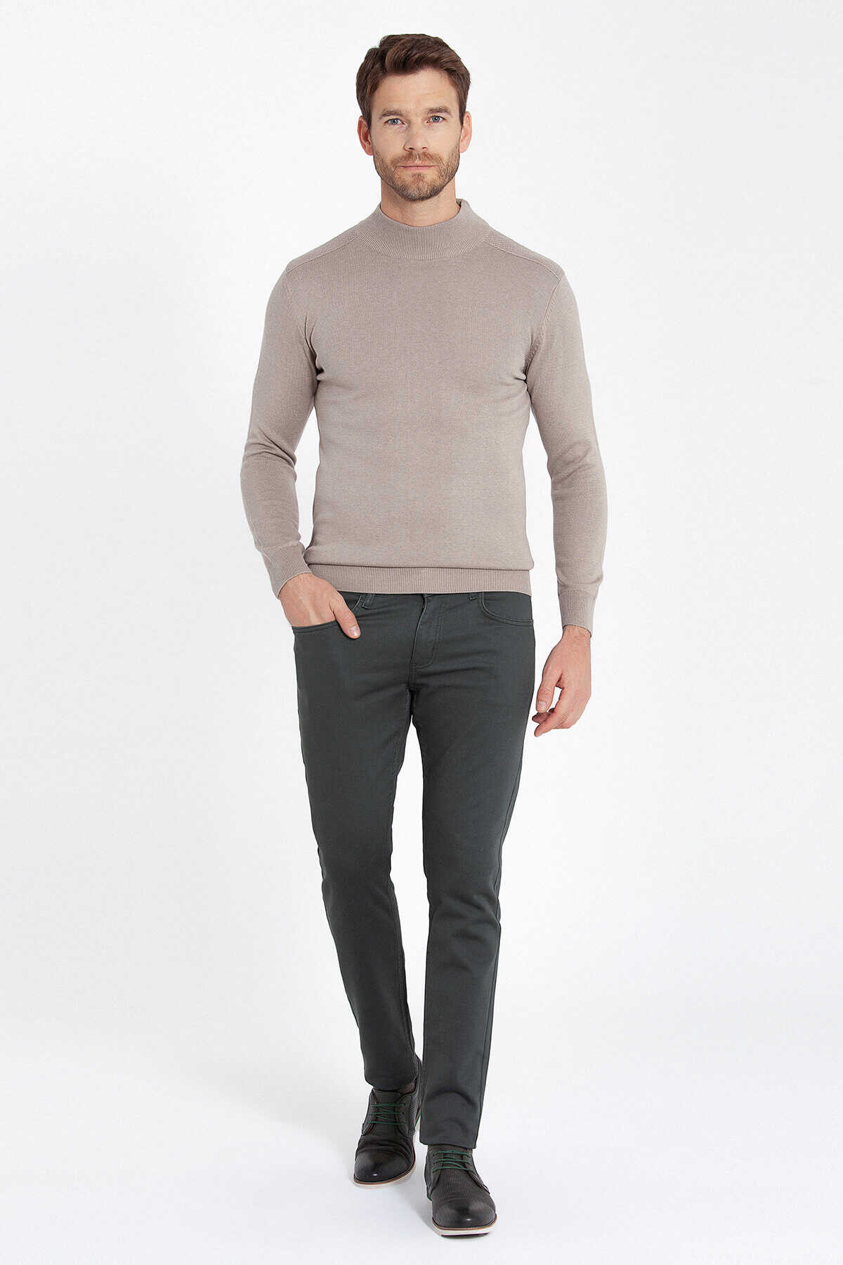 Gri Regular Fit Yarım Balıkçı Yaka Pamuklu Triko Kazak - 13