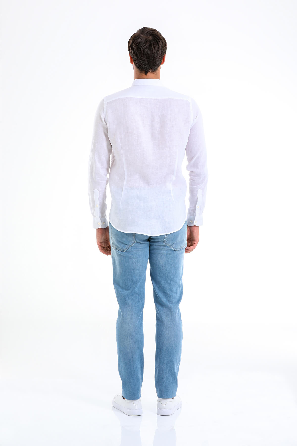 Beyaz Comfort Fit Düz 100% Keten Düğmeli Yaka Uzun Kollu Casual Keten Gömlek