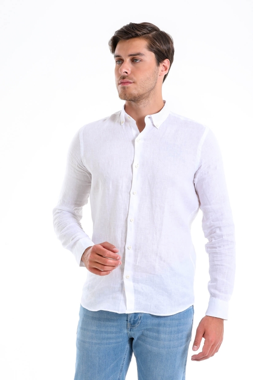 Beyaz Comfort Fit Düz 100% Keten Düğmeli Yaka Uzun Kollu Casual Keten Gömlek - Thumbnail (1)