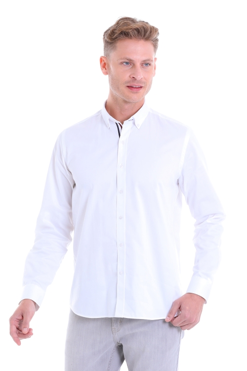 Hatem Saykı - Beyaz Comfort Fit Düz 100% Pamuk Slim Yaka Uzun Kollu Klasik Saten Gömlek