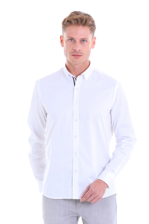 Beyaz Comfort Fit Düz 100% Pamuk Slim Yaka Uzun Kollu Klasik Saten Gömlek - Thumbnail (1)
