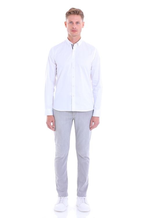 Beyaz Comfort Fit Düz 100% Pamuk Slim Yaka Uzun Kollu Klasik Saten Gömlek - Thumbnail (2)