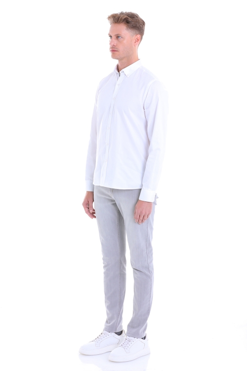 Beyaz Comfort Fit Düz 100% Pamuk Slim Yaka Uzun Kollu Klasik Saten Gömlek - Thumbnail (3)