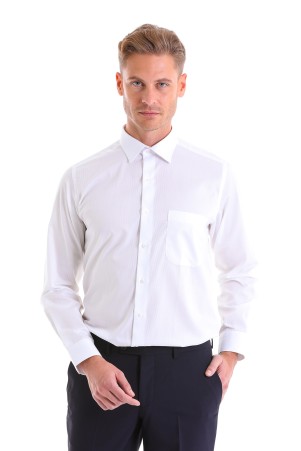 Beyaz Klasik Fit Desenli 100% Pamuk Slim Yaka Uzun Kollu Klasik Gömlek - Thumbnail