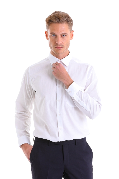 Beyaz Klasik Fit Desenli 100% Pamuk Slim Yaka Uzun Kollu Klasik Gömlek - Thumbnail (2)