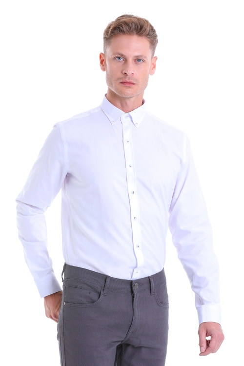 HTML - Beyaz Comfort Fit Düz 100% Pamuk Düğmeli Yaka Uzun Kollu Casual Gömlek