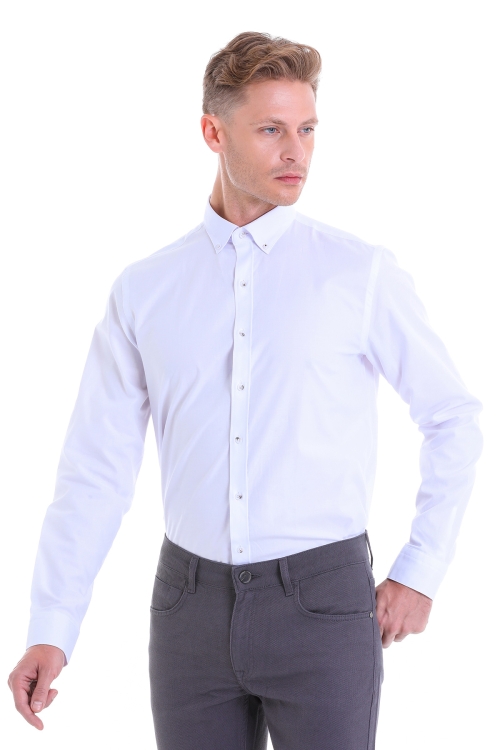 Beyaz Comfort Fit Düz 100% Pamuk Düğmeli Yaka Uzun Kollu Casual Gömlek - Thumbnail (2)