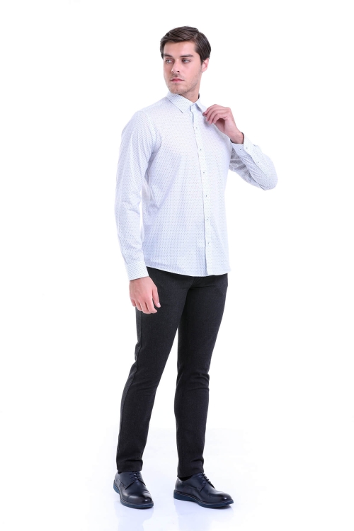 Siyah Comfort Fit Baskılı 100% Pamuk Slim Yaka Uzun Kollu Casual Gömlek - Thumbnail (1)