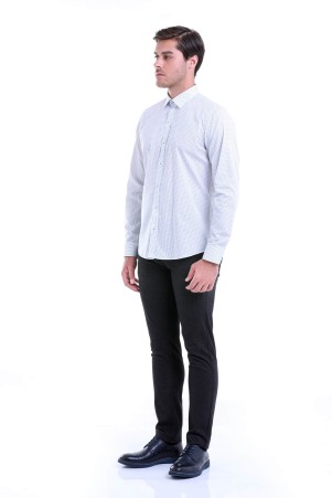 Siyah Comfort Fit Baskılı 100% Pamuk Slim Yaka Uzun Kollu Casual Gömlek - Thumbnail