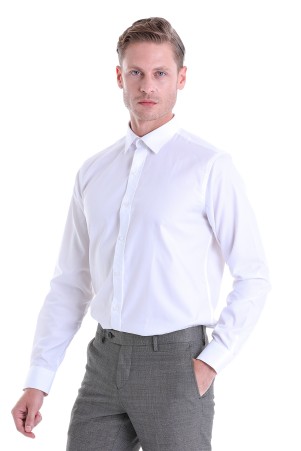 Beyaz Klasik Fit Desenli 100% Pamuk Slim Yaka Uzun Kollu Klasik Gömlek - Thumbnail