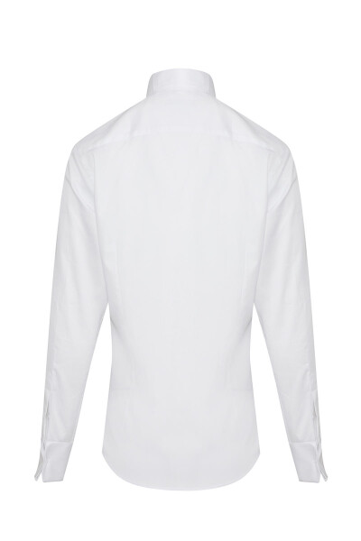 Beyaz Comfort Fit 100% Pamuk Ata Yaka Manşetli Uzun Kol Saten Damatlık Gömlek - 3