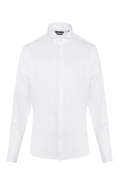 Beyaz Comfort Fit 100% Pamuk Ata Yaka Manşetli Uzun Kol Saten Damatlık Gömlek - 2