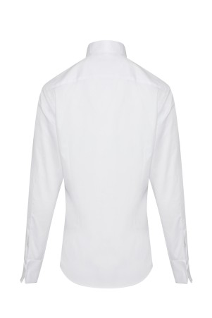 Beyaz Comfort Fit Düz 100% Pamuk Ata Yaka Manşetli Uzun Kol Saten Damatlık Gömlek - Thumbnail