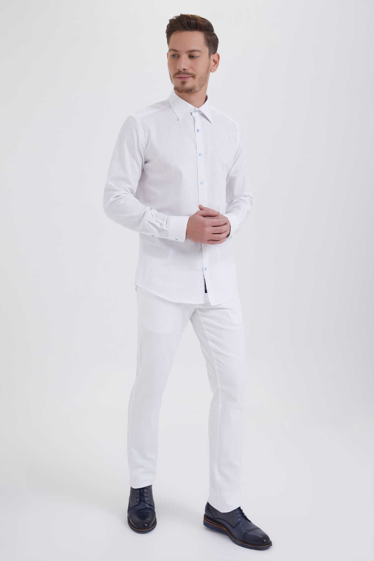 Beyaz Baskılı Slim Fit Gömlek
