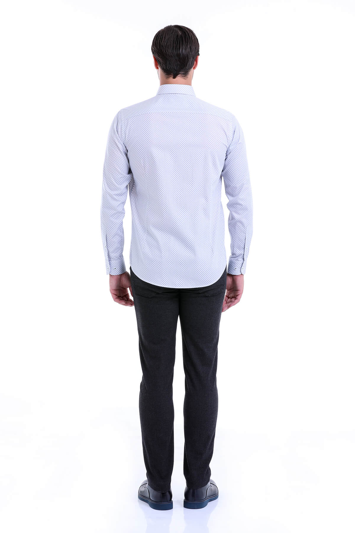 Gri Comfort Fit Baskılı 100% Pamuk Açık İtalyan Yaka Uzun Kollu Casual Gömlek