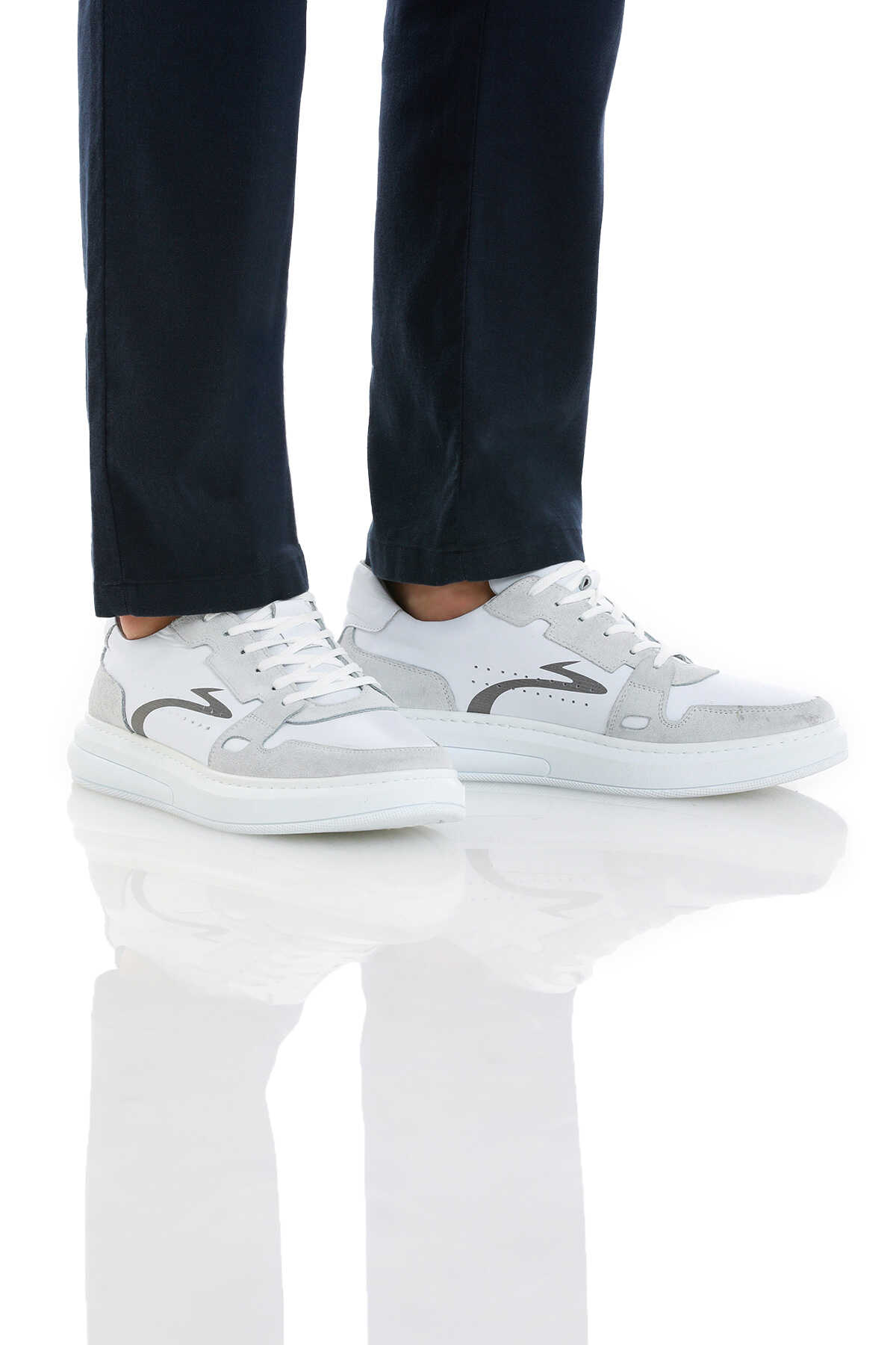 Beyaz Casual Bağcıklı Deri Sneakers - 3