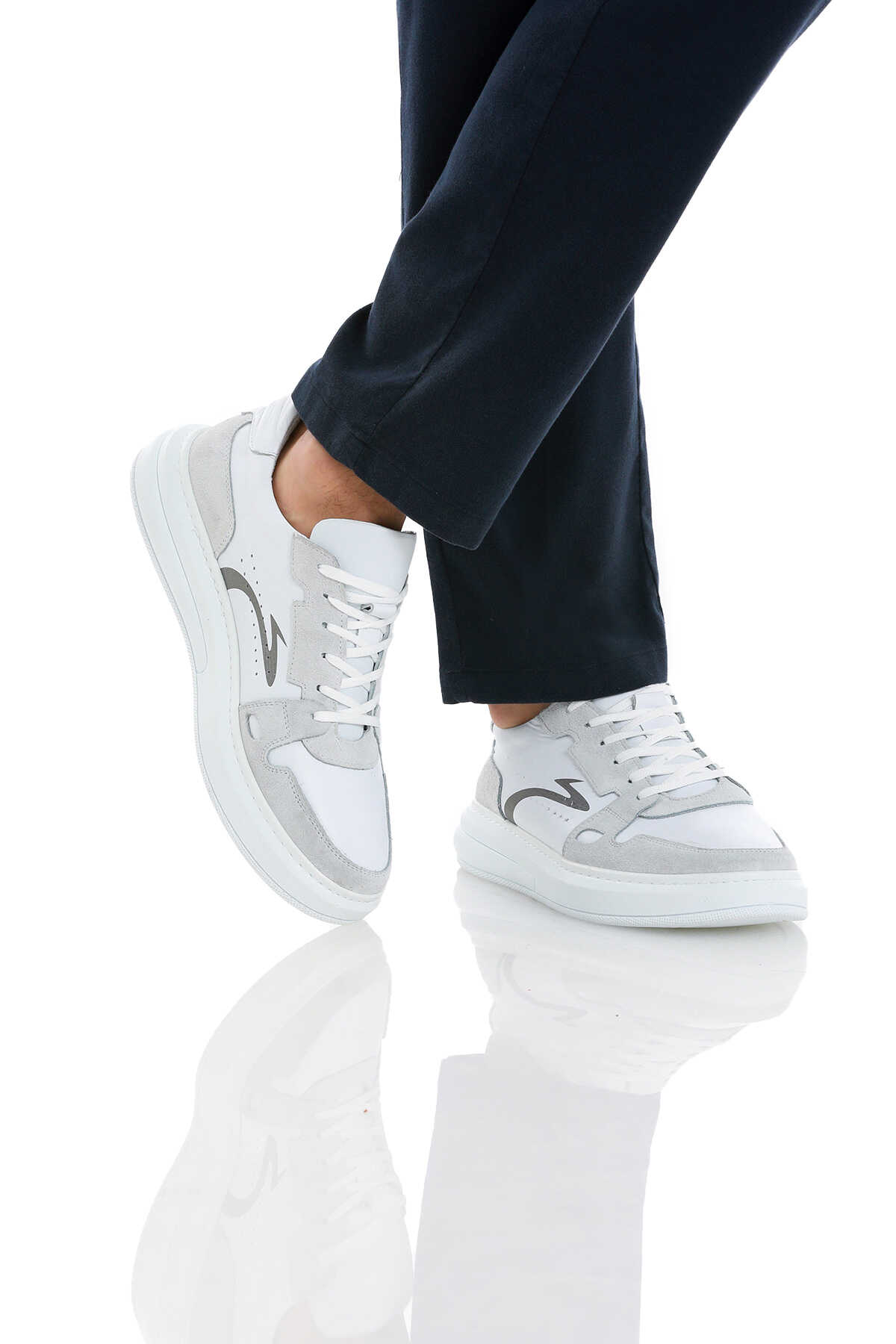 Beyaz Casual Bağcıklı Deri Sneakers - 4