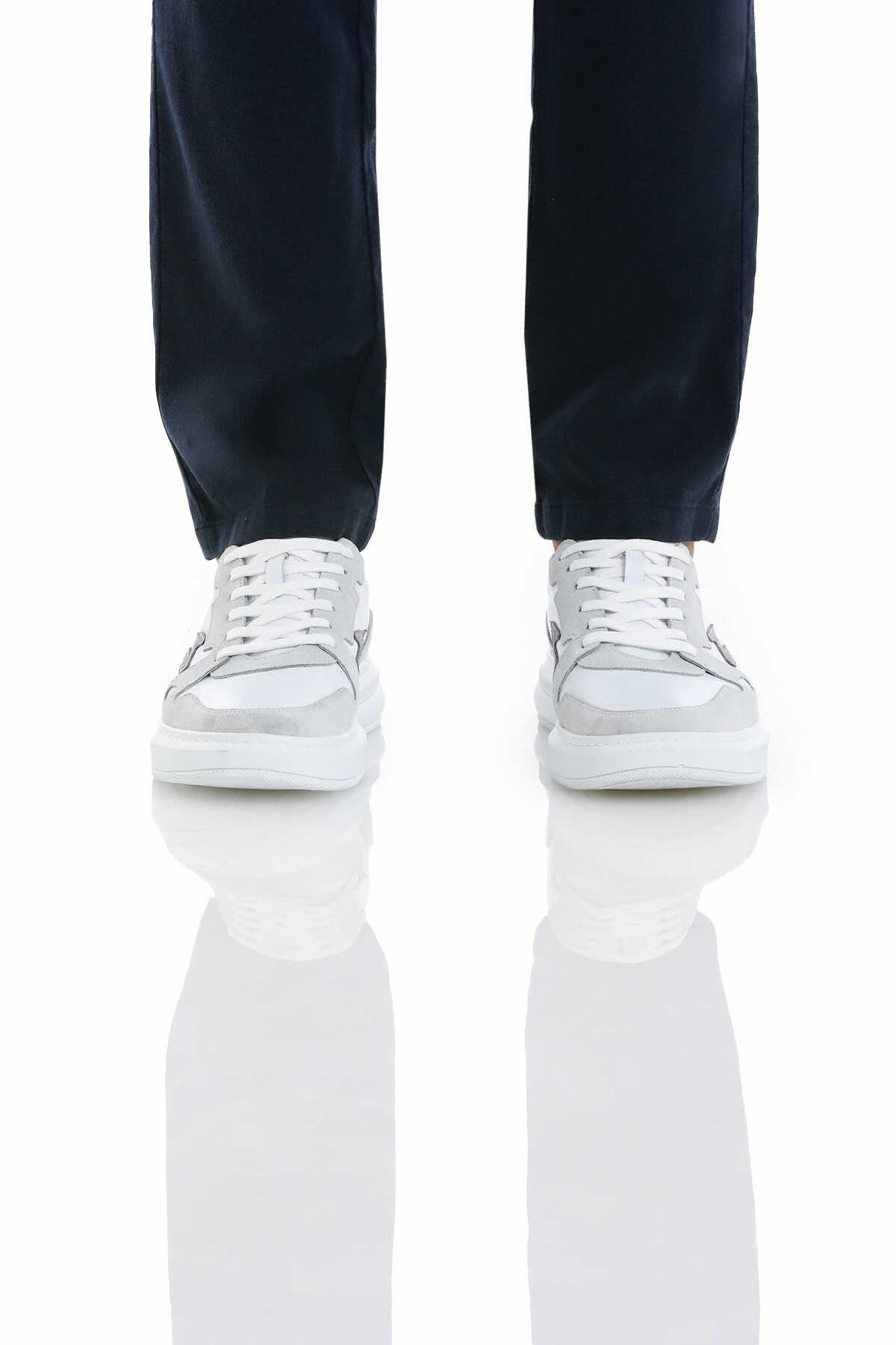 Beyaz Casual Bağcıklı Deri Sneakers - 1