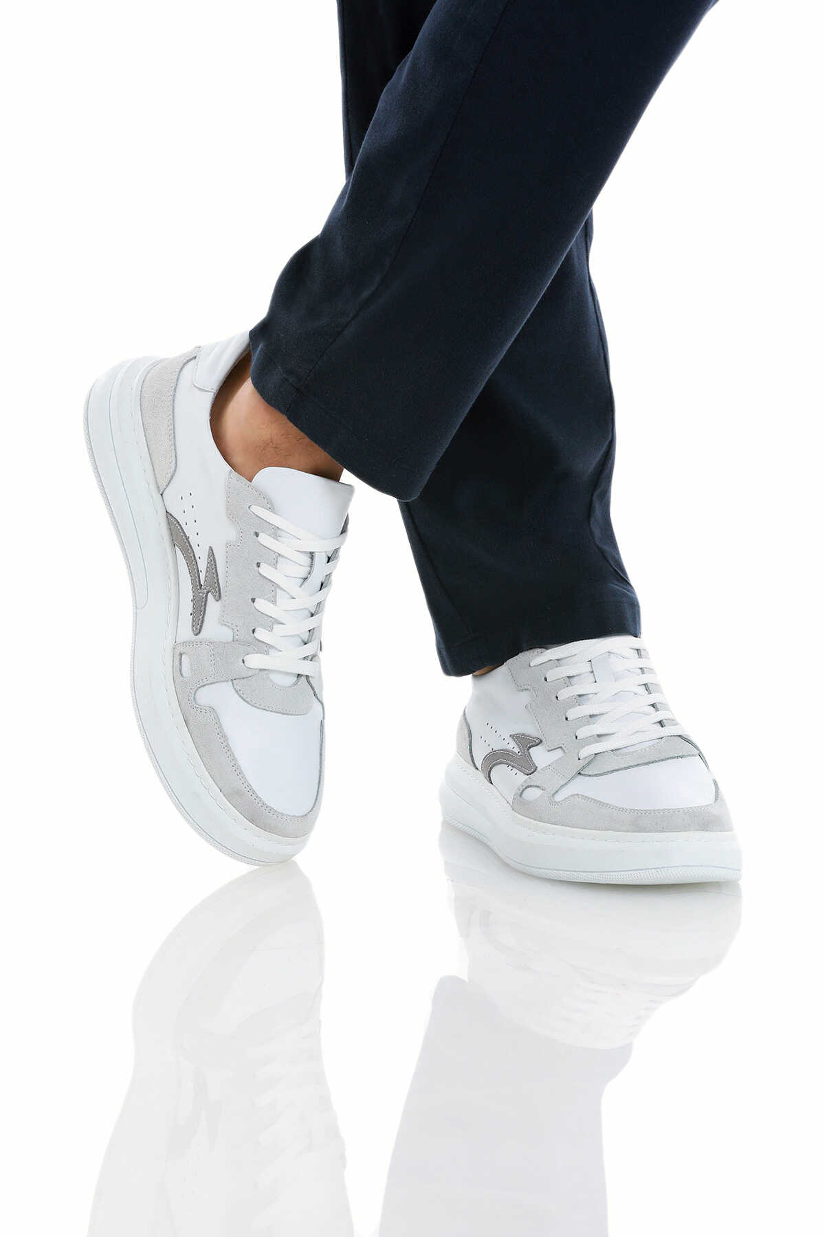 Beyaz Casual Bağcıklı Deri Sneakers - 4