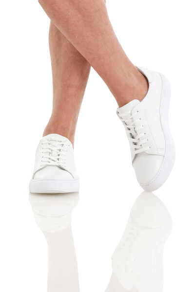 Beyaz Casual Bağcıklı Deri Sneakers - 4