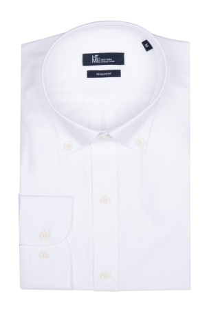 Beyaz Regular Fit Düz 100% Pamuk Uzun Kol Oxford Gömlek - Thumbnail