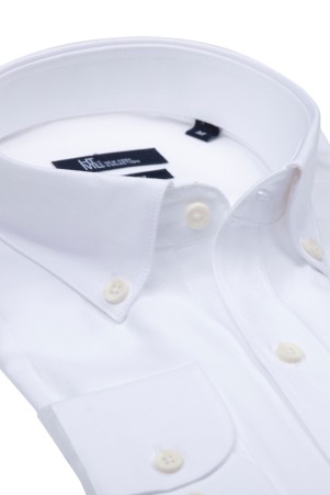 Beyaz Regular Fit Düz 100% Pamuk Uzun Kol Oxford Gömlek - Thumbnail