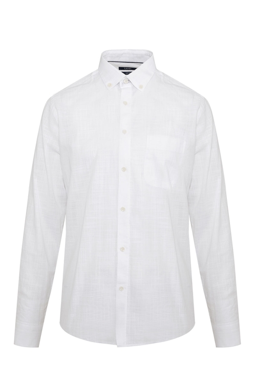 Hatem Saykı - Beyaz Slim Fit Düz 100% Pamuk Düğmeli Yaka Uzun Kollu Casual Gömlek