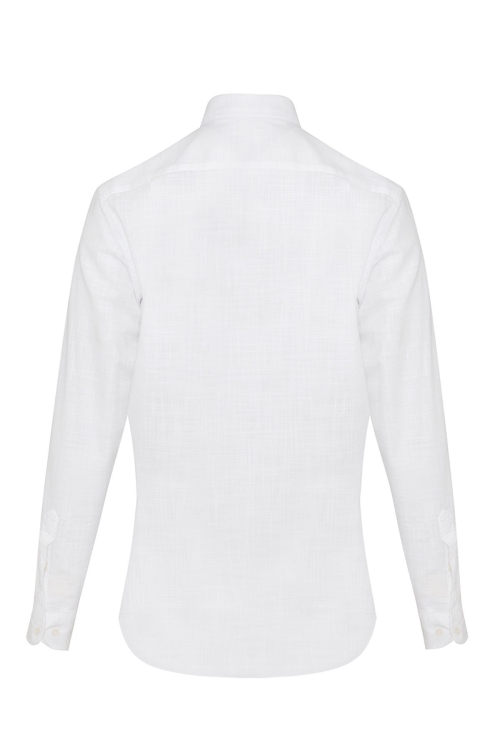 Beyaz Slim Fit Düz 100% Pamuk Düğmeli Yaka Uzun Kollu Casual Gömlek - Thumbnail (1)