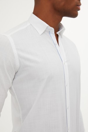 Beyaz Slim Fit Düz 100% Pamuk Slim Yaka Uzun Kollu Klasik Gömlek - Thumbnail