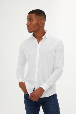 Beyaz Slim Fit Düz 100% Pamuk Slim Yaka Uzun Kollu Klasik Gömlek - Thumbnail