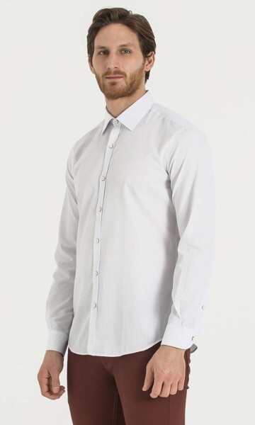 Beyaz Çizgili Slim Fit Gömlek - 3