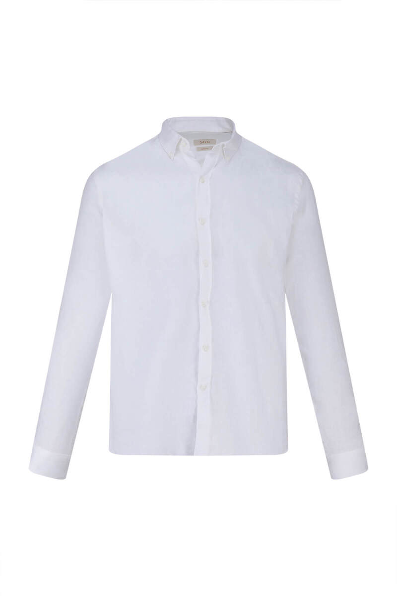 Beyaz Comfort Fit 100% Keten Düğmeli Yaka Uzun Kollu Keten Gömlek - Saykı