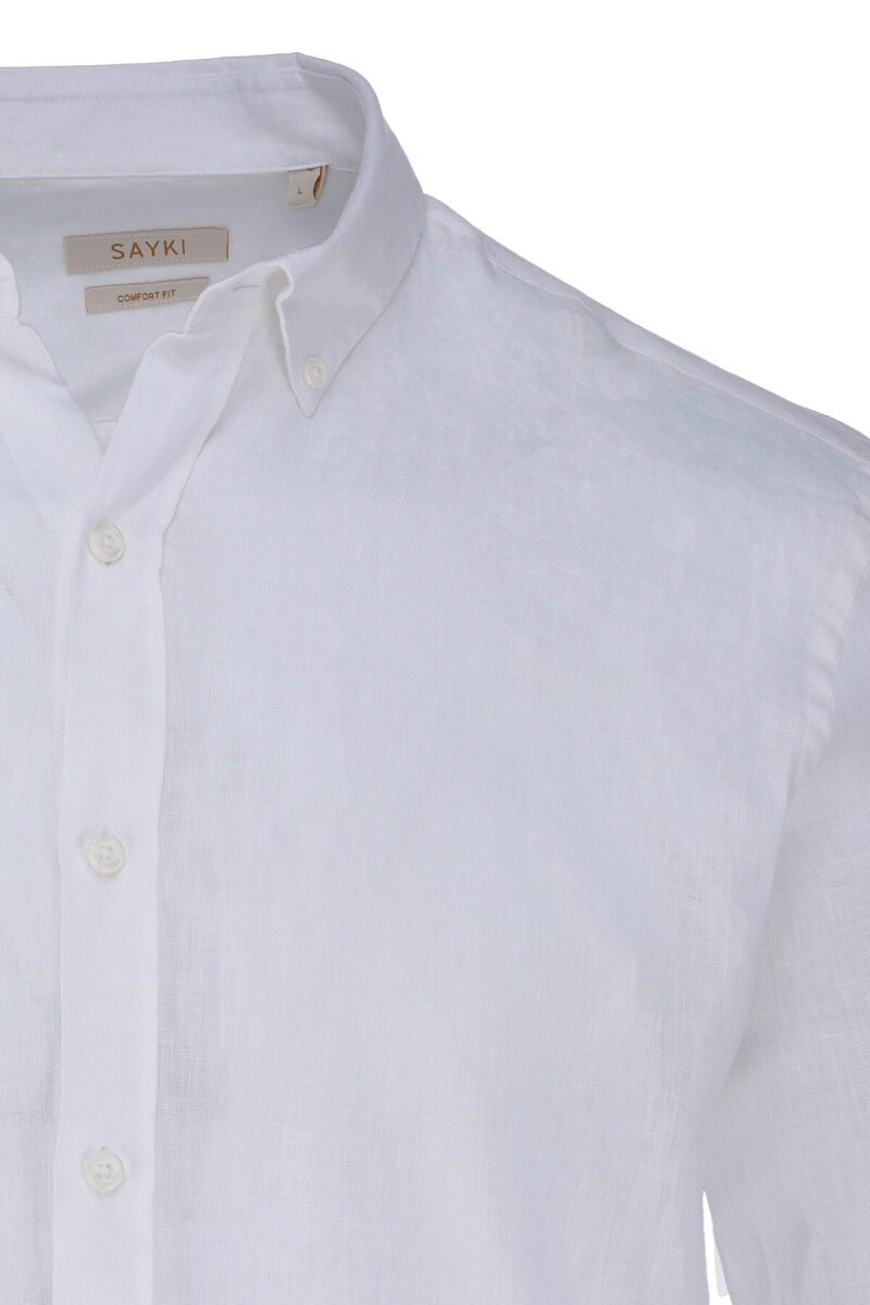 Beyaz Comfort Fit 100% Keten Düğmeli Yaka Uzun Kollu Keten Gömlek - Saykı (1)