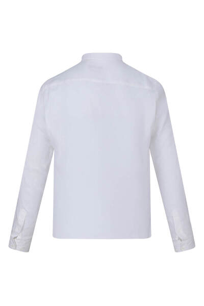 Beyaz Comfort Fit 100% Keten Düğmeli Yaka Uzun Kollu Keten Gömlek - 3