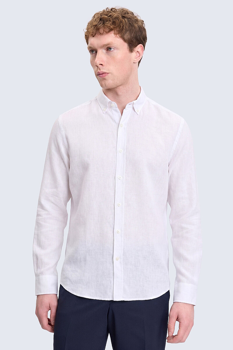 Beyaz Comfort Fit 100% Keten Düğmeli Yaka Uzun Kollu Keten Gömlek