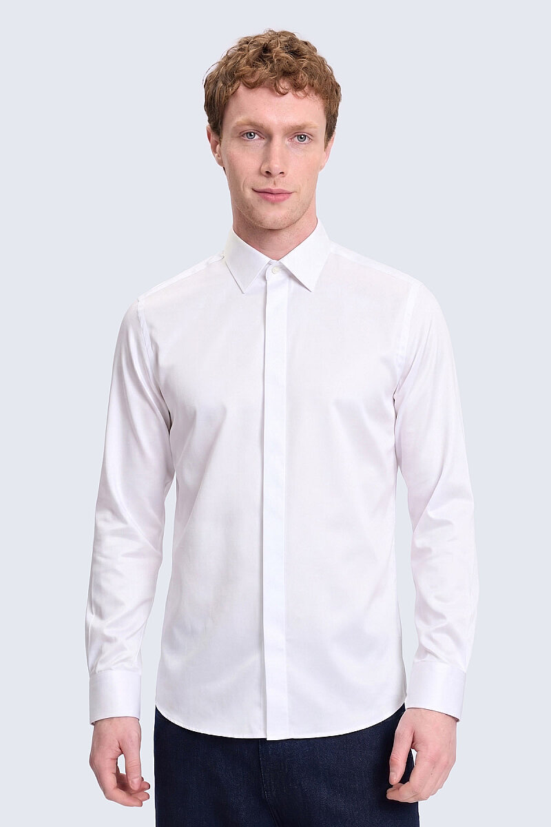 Beyaz Comfort Fit 100% Pamuk Devrik Manşet Yaka Saten Damatlık Gömlek