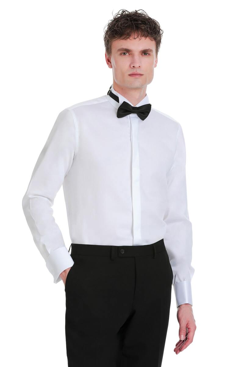 Beyaz Comfort Fit 100% Pamuk Devrik Manşet Yaka Uzun Kollu Klasik Saten Gömlek - Saykı