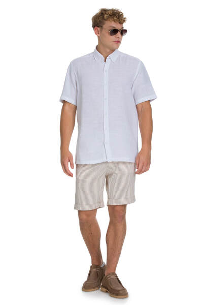 Beyaz Comfort Fit 100% Pamuk Düğmeli Yaka Kısa Kollu Pamuk Gömlek - 2