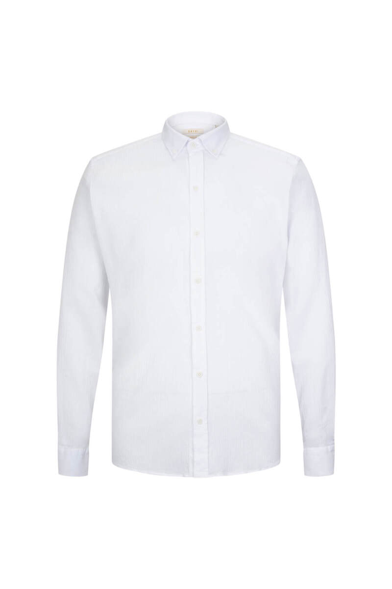 Beyaz Comfort Fit 100% Pamuk Düğmeli Yaka Uzun Kollu Casual Gömlek - Saykı