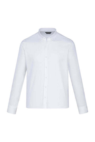 Beyaz Comfort Fit 100% Pamuk Düğmeli Yaka Uzun Kollu Casual Gömlek 