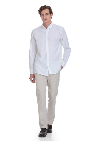 Beyaz Comfort Fit 100% Pamuk Düğmeli Yaka Uzun Kollu Casual Gömlek - 2