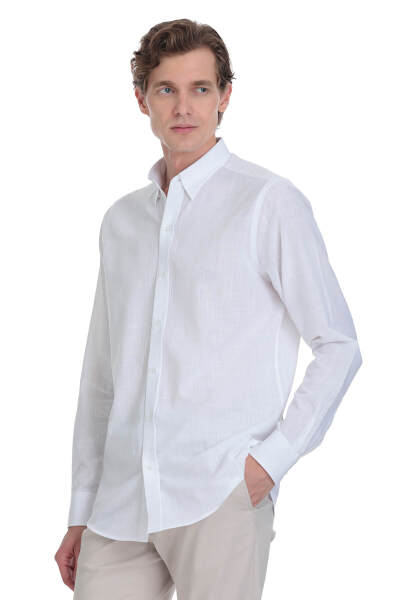 Beyaz Comfort Fit 100% Pamuk Düğmeli Yaka Uzun Kollu Casual Gömlek 