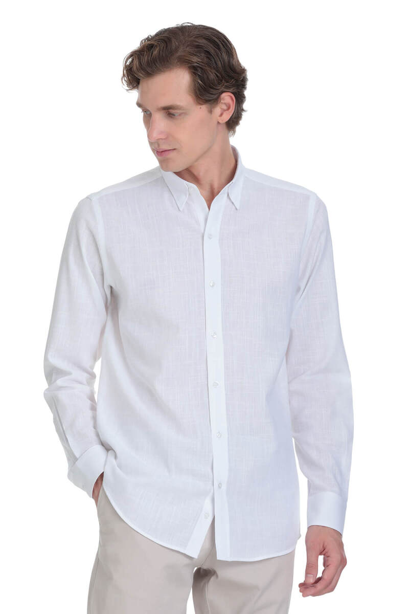 Beyaz Comfort Fit 100% Pamuk Düğmeli Yaka Uzun Kollu Casual Gömlek - Hatemoğlu (1)