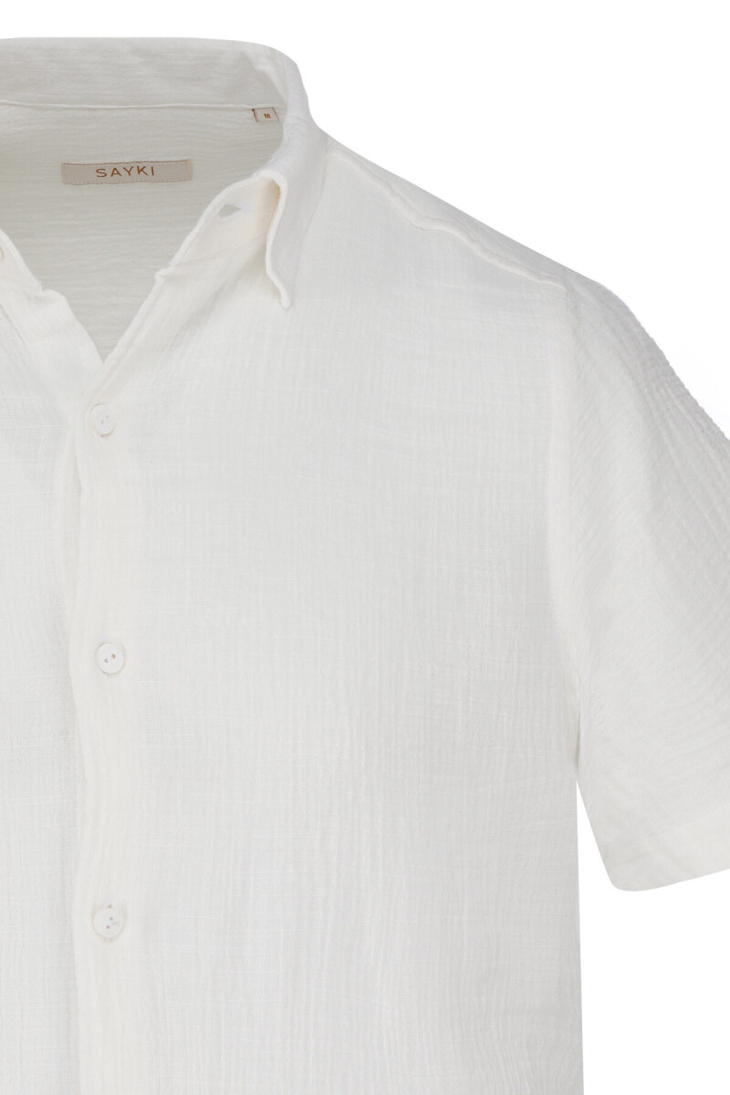 Beyaz Comfort Fit 100% Pamuk Gizli Düğmeli Yaka Kısa Kollu Gömlek - Saykı (1)